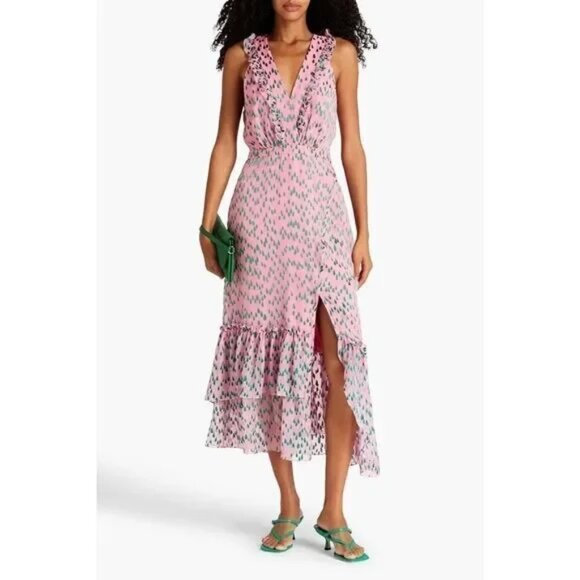 Anna Midi Dress in Pink Silk Devore with Green Raindrop Pattern - Picture 8 of 8